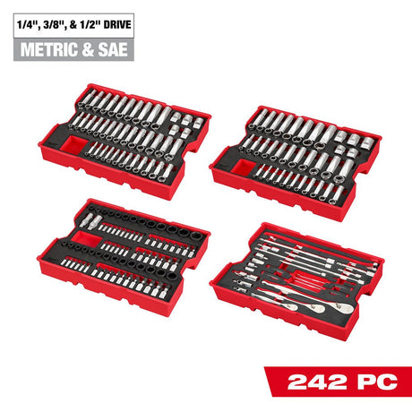 Milwaukee 48 - 22 - 9490 242pc. 1/4”, 3/8”, & 1/2” Drive Metric & SAE Ratchet & Socket Set with Trays for PACKOUT™ Drawers