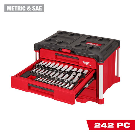 Milwaukee 48 - 22 - 9491 242pc. 1/4”, 3/8”, & 1/2” Drive Metric & SAE Ratchet & Socket Set with PACKOUT™ 4 - Drawer Tool Box - Mississauga Hardware Centre Inc