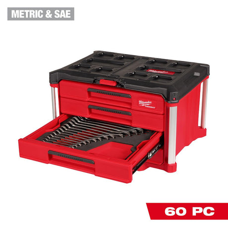 Milwaukee 48 - 22 - 9492 60pc. Metric & SAE Combination Wrench Set with PACKOUT™ 4 Drawer Tool Box