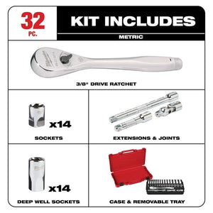 Milwaukee 48 - 22 - 9508 3/8in Drive 32pc Ratchet and Socket Set - Metric - Mississauga Hardware Centre Inc