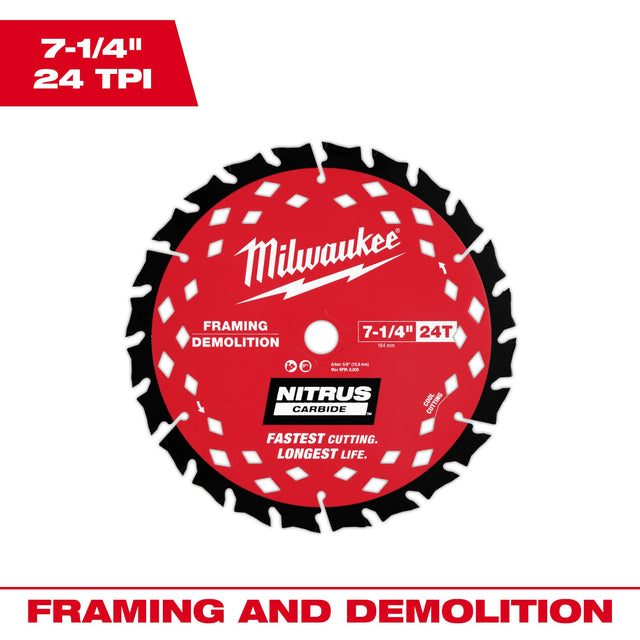 Milwaukee 48 - 41 - 0750 7 - 1/4” 24T NITRUS™ Carbide Framing & Demolition Circular Saw Blade - Mississauga Hardware Centre Inc
