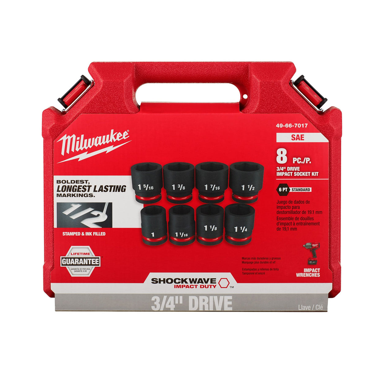 Milwaukee 49 - 66 - 7017 8PCSHOCKWAVE Impact Duty™ 3/4" Drive SAE Standard 6 Point Socket Set - Mississauga Hardware Centre Inc