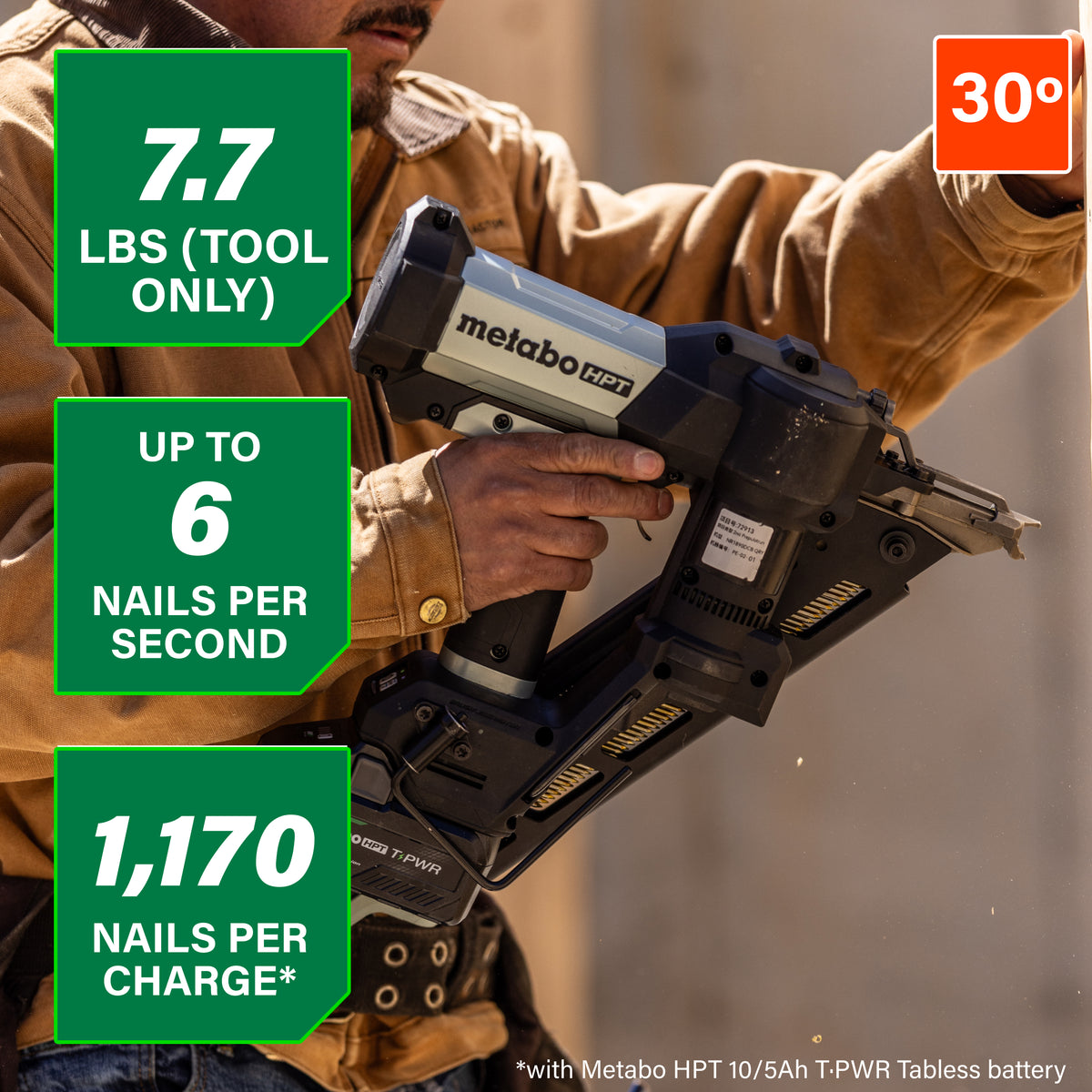 metabo HPT NR1890DCBQRY 18V 30° Cordless Pneumatic 3-1/2" Framing Nailer (1 x 10Ah T-PWR Tabless Battery)