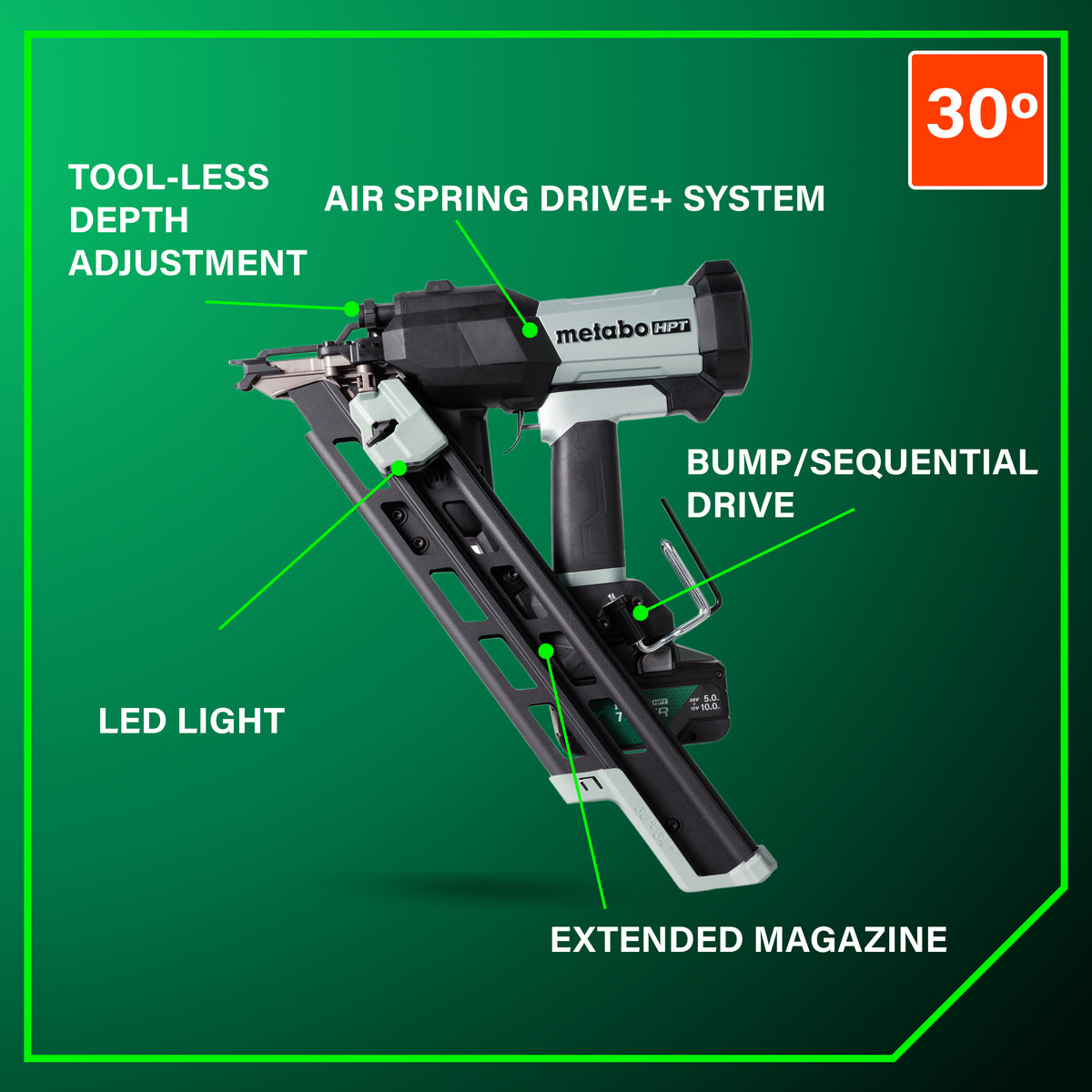 metabo HPT NR1890DCBQRY 18V 30° Cordless Pneumatic 3-1/2" Framing Nailer (1 x 10Ah T-PWR Tabless Battery)
