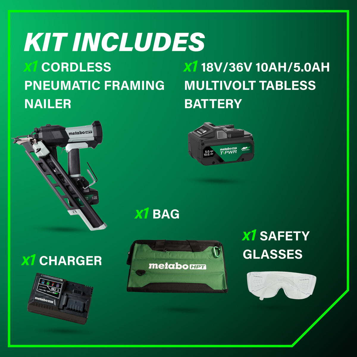 metabo HPT NR1890DCBQRY 18V 30° Cordless Pneumatic 3-1/2" Framing Nailer (1 x 10Ah T-PWR Tabless Battery)