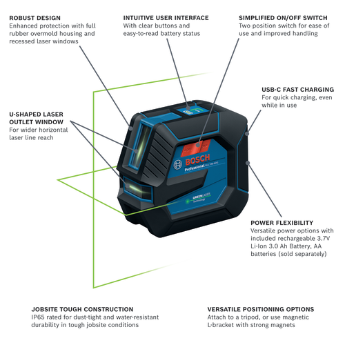 BOSCH GLL100-42GL 3.7V Green-Beam Self-Leveling Cross-Line Laser with Li-Ion Battery