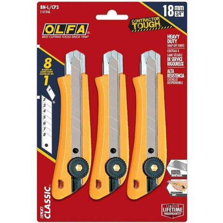 OLFA BN - L/CP3 18mm Heavy - Duty Ratchet Lock Snap - Off Utility Knife - 3 Pack - Mississauga Hardware Centre Inc