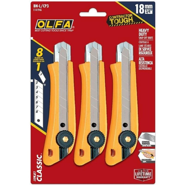 OLFA BN - L/CP3 18mm Heavy - Duty Ratchet Lock Snap - Off Utility Knife - 3 Pack - Mississauga Hardware Centre Inc