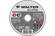 Walter Allsteel cutting disc with various certifications and specifications on a black background