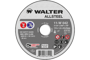 Walter Allsteel cutting disc with various certifications and specifications on a black background