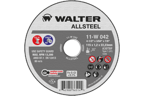 Walter Allsteel cutting disc with various certifications and specifications on a black background