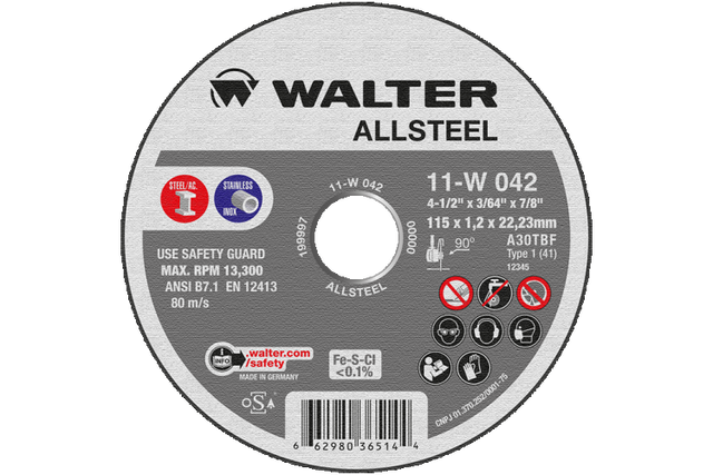 Walter Allsteel cutting disc with various certifications and specifications on a black background