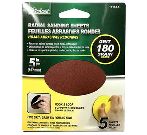 RICHARD 18153 - 5 5IN ROUND SANDING SHEET, ALUMI NUM OXIDE, VELCRO BACKING, 180 GRIT - Mississauga Hardware Centre IncRichard18153-5
