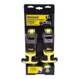 Stinson Cargo 406172 2PK Tie Down Ratchet Strap T - Handles+J - Hooks 1¼in x 16ft 830lb - Mississauga Hardware Centre Inc