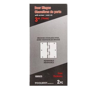Toolway 100923 2PC DOOR HINGE 3IN X 3IN X 2MM SQUARE CORNER BRUSHED STAINLESS STEEL - Mississauga Hardware Centre Inc