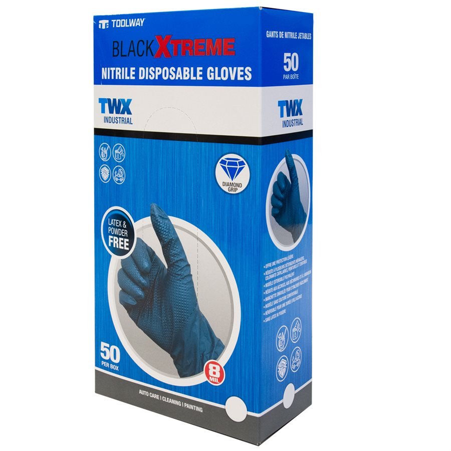 Toolway 50PK Nitrile Gloves 8 Mil Black Diamond Grip Latex Free - Mississauga Hardware Centre Inc