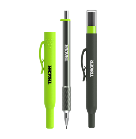 Three pens with green accents and 'Tracer' branding on a white background