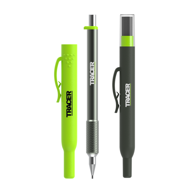 Three pens with green accents and 'Tracer' branding on a white background