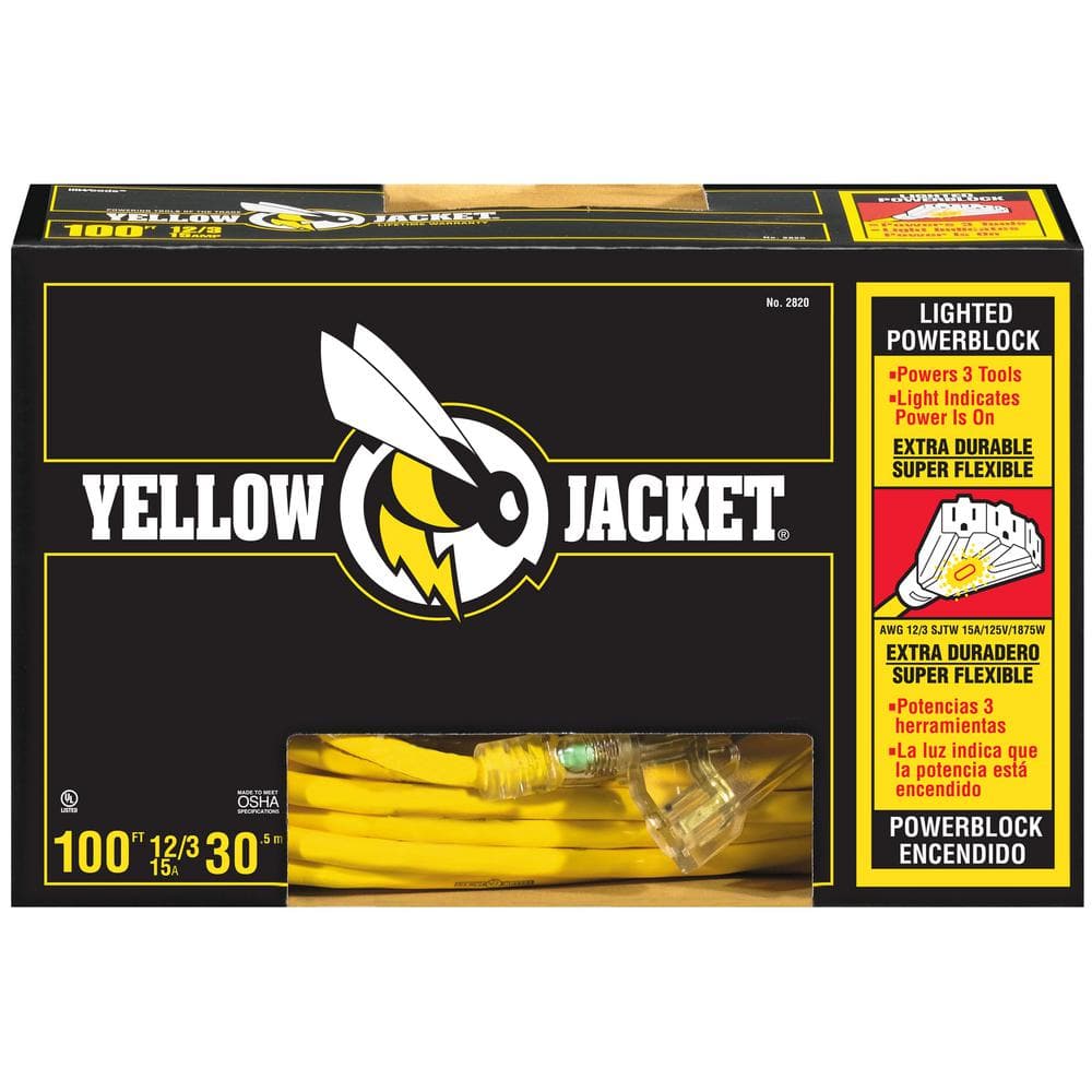 Southwire 100 ft. 12/3 SJTW Multi-Outlet (3) Outdoor Heavy-Duty 15 Amp Contractor Extension Cord with Power Light Block