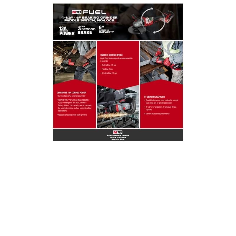 2980 - 20 M18 FUEL 18 Volt Lithium - Ion Brushless Cordless 4 - 1/2 in. - 6 in. No Lock Braking Grinder with Paddle Switch - Tool Only - Mississauga Hardware Centre IncMilwaukee2980-20