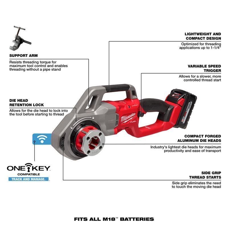 Milwaukee 2870-22 M18 FUEL Compact Pipe Threader w/ ONE-KEY w/ 1/2in - 1-1/4in Compact NPT Forged Aluminum Die Heads