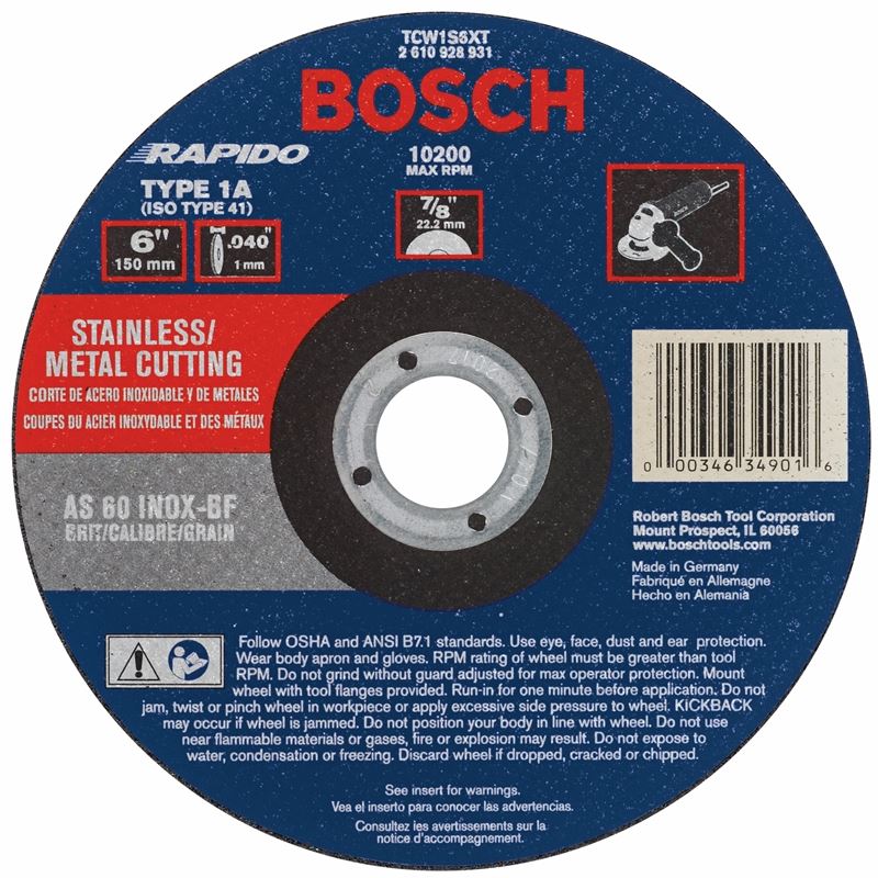 Bosch | TCW1S6XT 6 In. .040 In. 7/8 In. Arbor Type 1A (ISO 41) 60 Grit Rapido Fast Metal/Stainless Cutting Abrasive Wheel