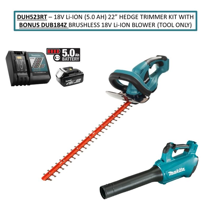 Makita DUH523RT 18V Li Ion (5.0 Ah) 22â€ Hedge Trimmer Kit with Bonus DUB184Z Li Ion Brushless Blower (Tool Only)