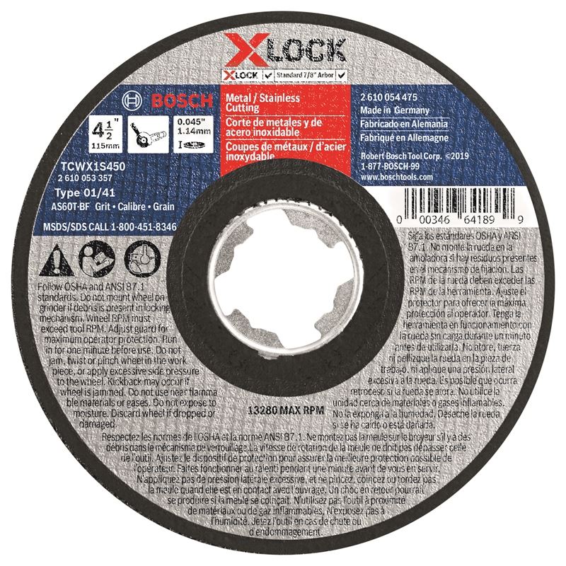 Bosch TCWX1S450 4-1/2 In. x .045 In. X-LOCK Arbor Type 1A (ISO 41) 60 Grit Fast Metal/Stainless Cutting Abrasive Wheel
