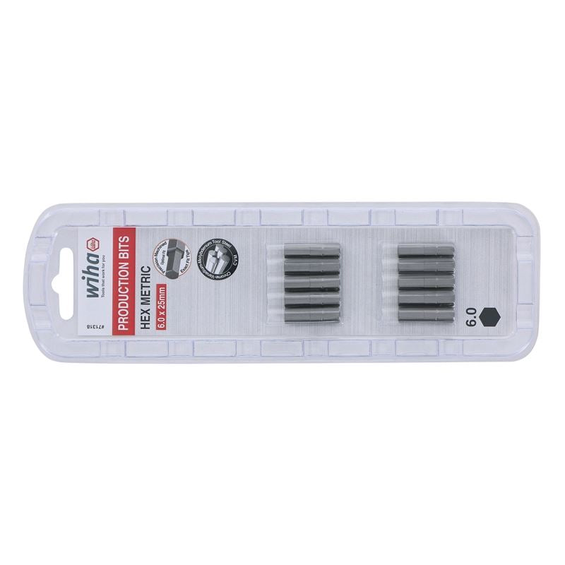 Wiha Hex Metric Insert Bit 6.0 x 25mm Pack of 10 Bits