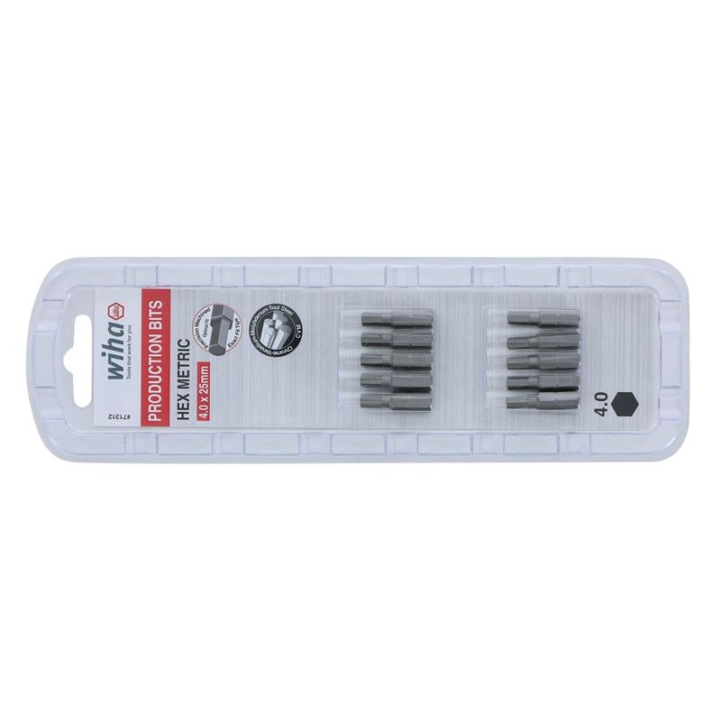 Wiha Hex Metric Insert Bit 4.0 x 25mm Pack of 10 Bits