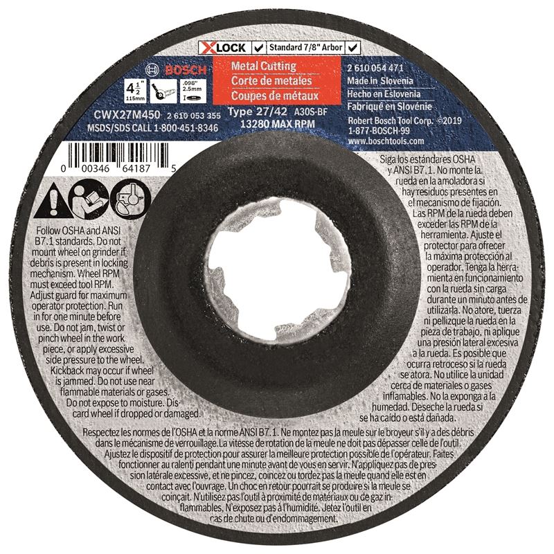 Bosch CWX27M450 4-1/2 In. x .098 In. X-LOCK Arbor Type 27A (ISO 42) 30 Grit Metal Cutting and Grinding Abrasive Wheel