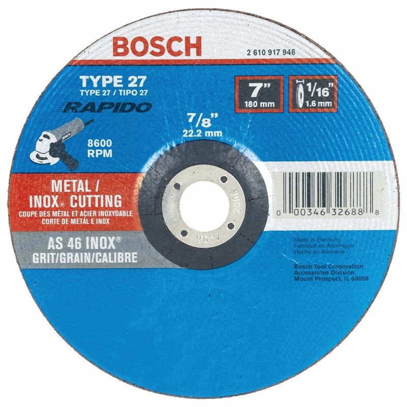 Bosch | TCW27S700 7 In. 1/16 In. 7/8 In. Arbor Type 27A (ISO 42) 46 Grit Rapido Fast Metal/Stainless Cutting Abrasive Wheel