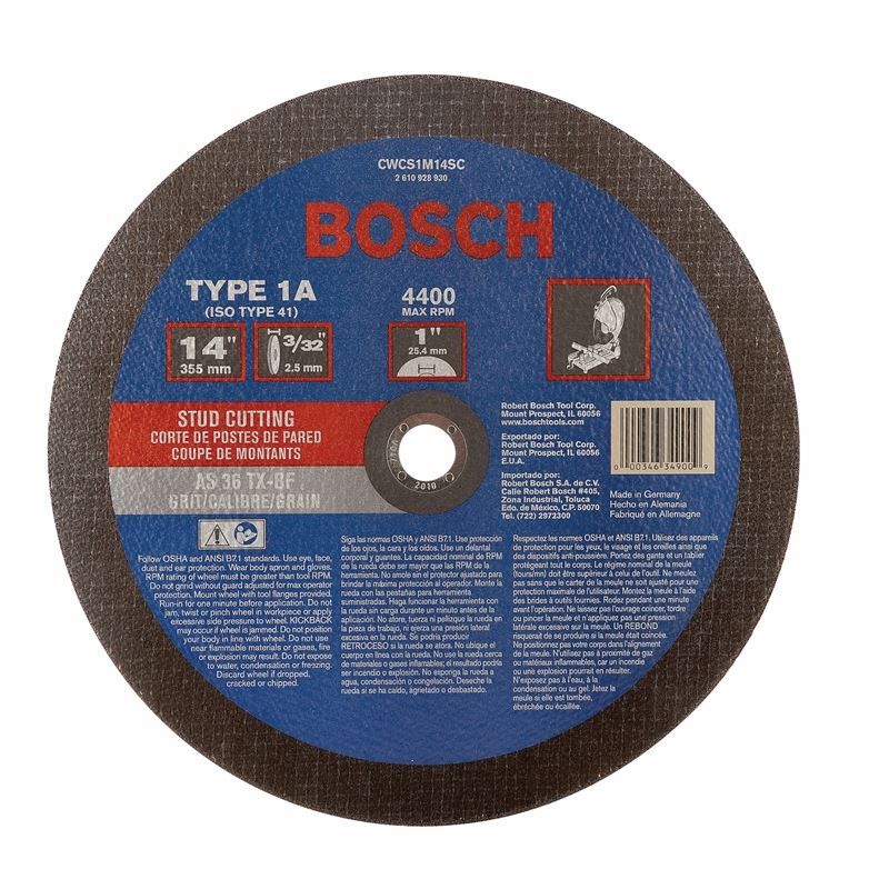 Bosch | CWCS1M14SC 14 In. 3/32 In. 1 In. Arbor Type 1A (ISO 41) 36 Grit Metal Stud/Stainless Cutting Bonded Abrasive Wheel