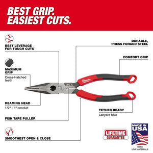 Milwaukee MT555 8in Long Nose Comfort Grip Pliers (USA)