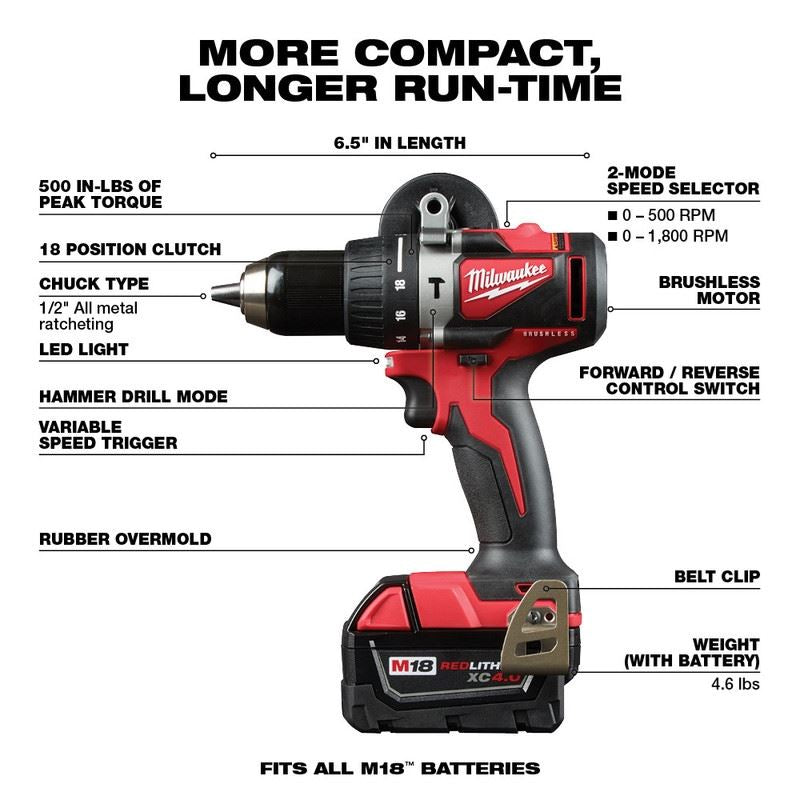 Milwaukee 2893-22 M18 Brushless 2-Tool Combo Kit, Hammer Drill/ 3-Speed Impact Driver