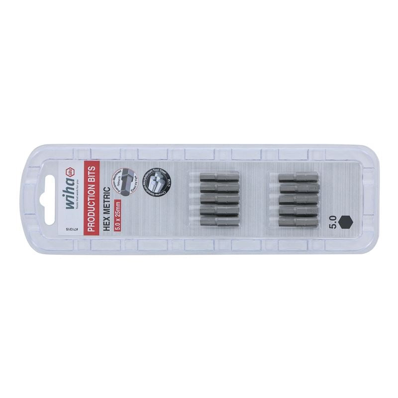 Wiha Hex Metric Insert Bit 5.0 x 25mm Pack of 10 Bits