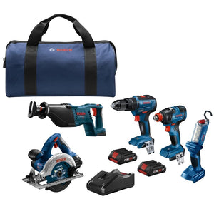 Bosch GXL18V-501B25 18V 5 Tool Combo Kit with Two In One Bit/Socket Impact Driver, 1/2 In. Hammer Drill/Driver, Reciprocating Saw, Circular Saw, LED Worklight and (2) CORE18V 4.0 Ah Compact Batteries