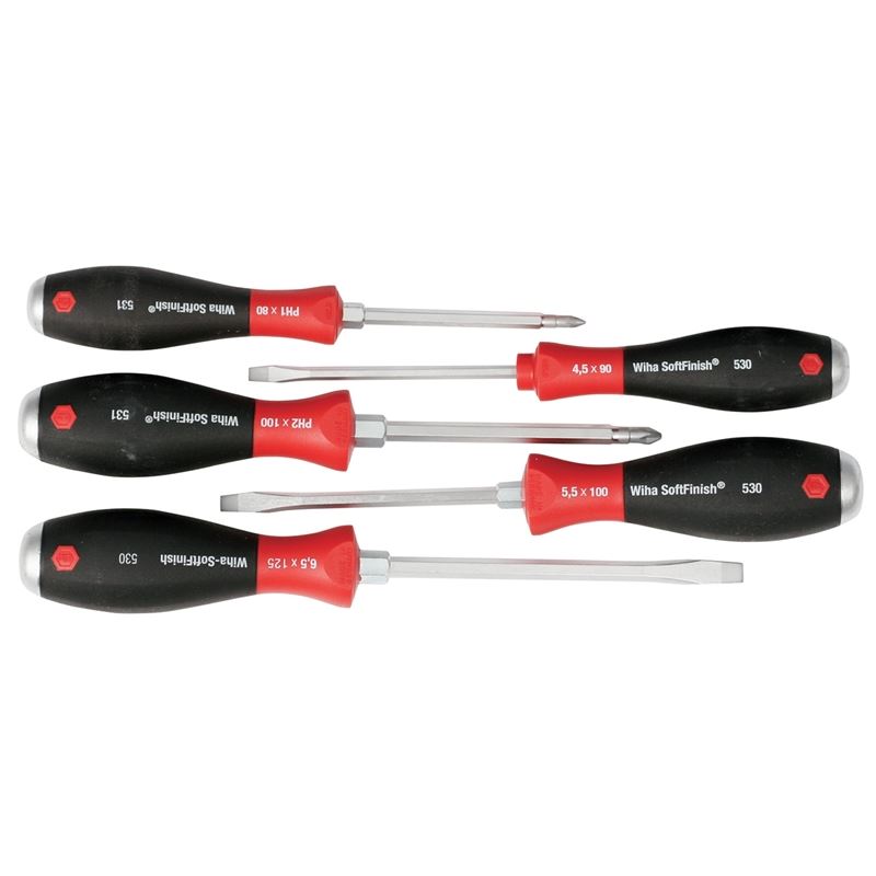 Wiha SoftFinish Extra Heavy Duty Slotted 4.5mm, 5.5mm, 6.5mm/Phillips #1, #2 5 Piece Set