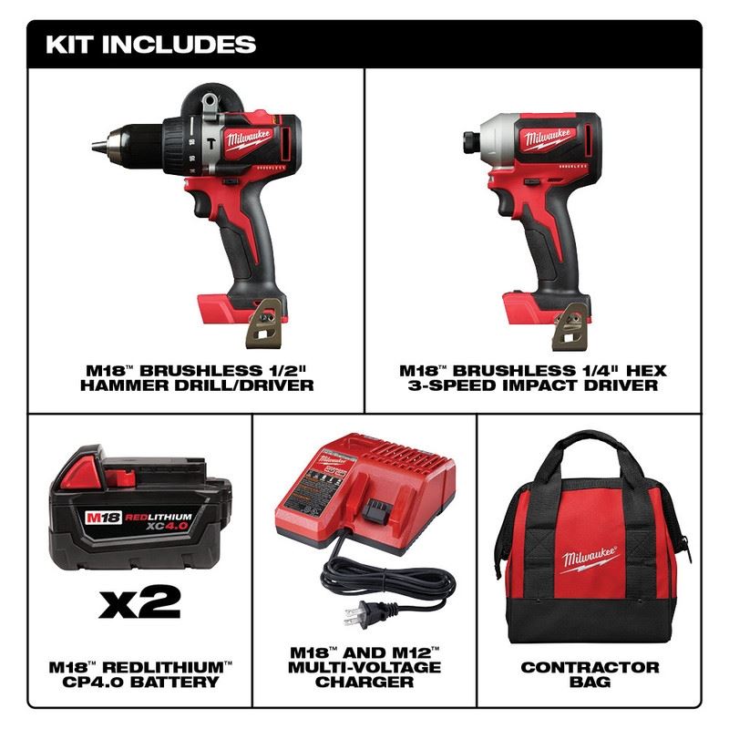 Milwaukee 2893-22 M18 Brushless 2-Tool Combo Kit, Hammer Drill/ 3-Speed Impact Driver