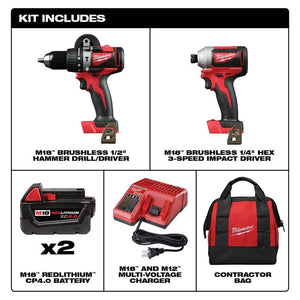 Milwaukee 2893-22 M18 Brushless 2-Tool Combo Kit, Hammer Drill/ 3-Speed Impact Driver