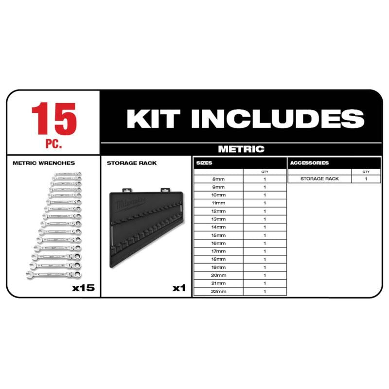Milwaukee 48-22-9513 15pc Metric Flex Head Ratcheting Combination Wrench