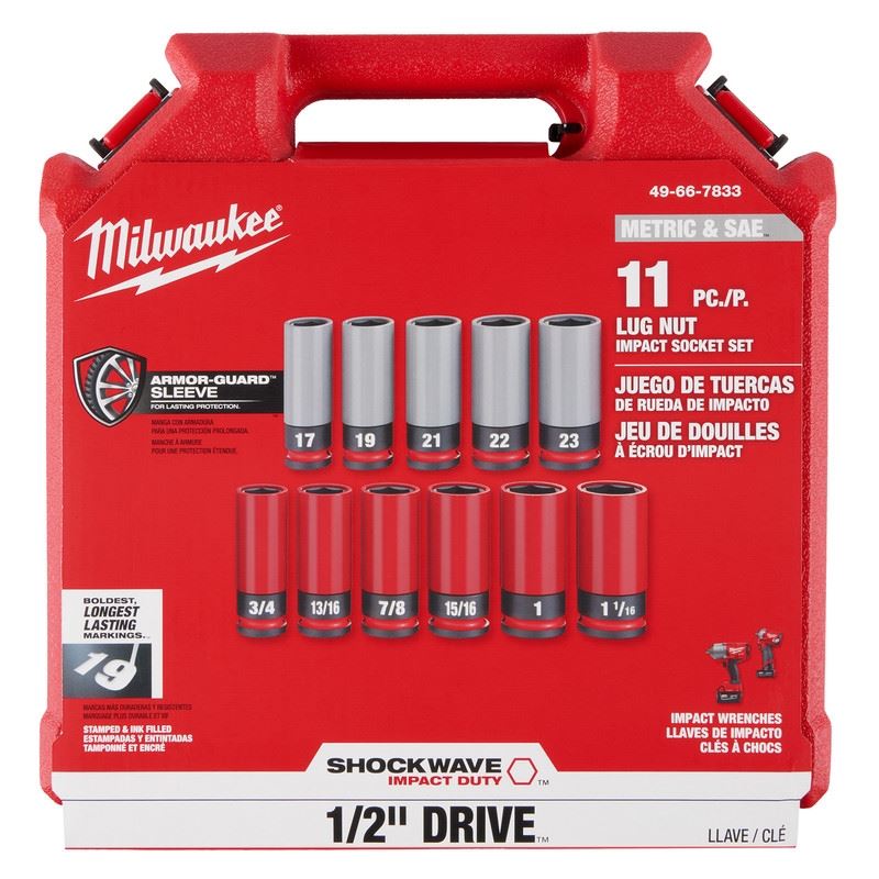 Milwaukee 49-66-7833 SHOCKWAVE Impact Duty 1/2 Drive SAE and Metric 11PC Lug Nut Wheel Socket Set