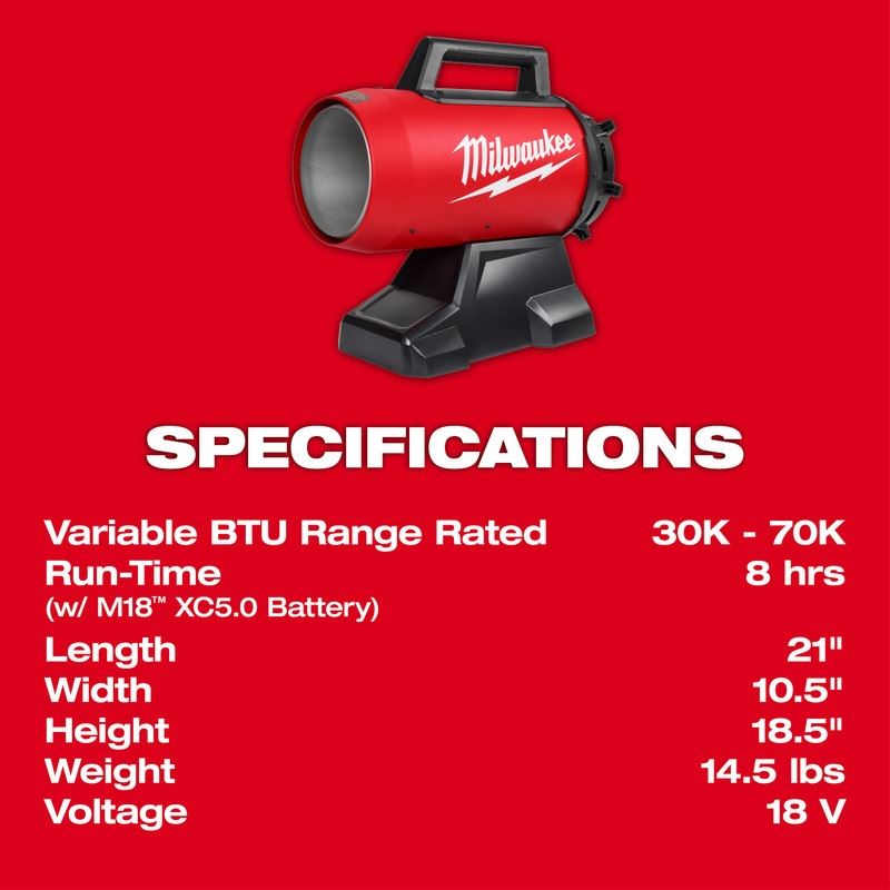 MILWAUKEE 0801-20C M18 70,000 BTU Forced Air Propane Heater