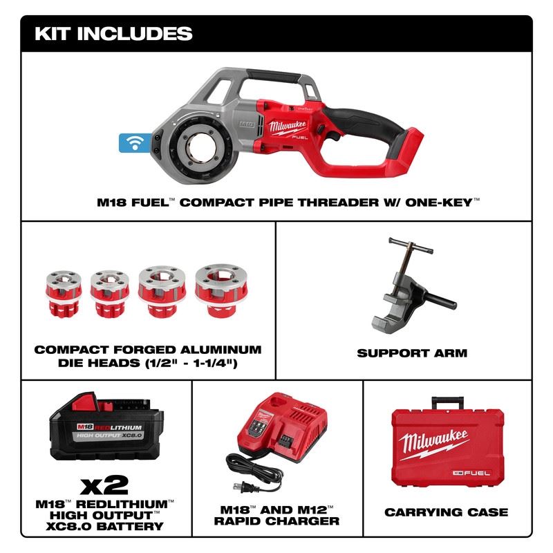Milwaukee 2870-22 M18 FUEL Compact Pipe Threader w/ ONE-KEY w/ 1/2in - 1-1/4in Compact NPT Forged Aluminum Die Heads