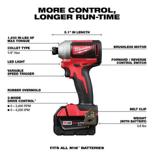 Milwaukee 2893-22 M18 Brushless 2-Tool Combo Kit, Hammer Drill/ 3-Speed Impact Driver