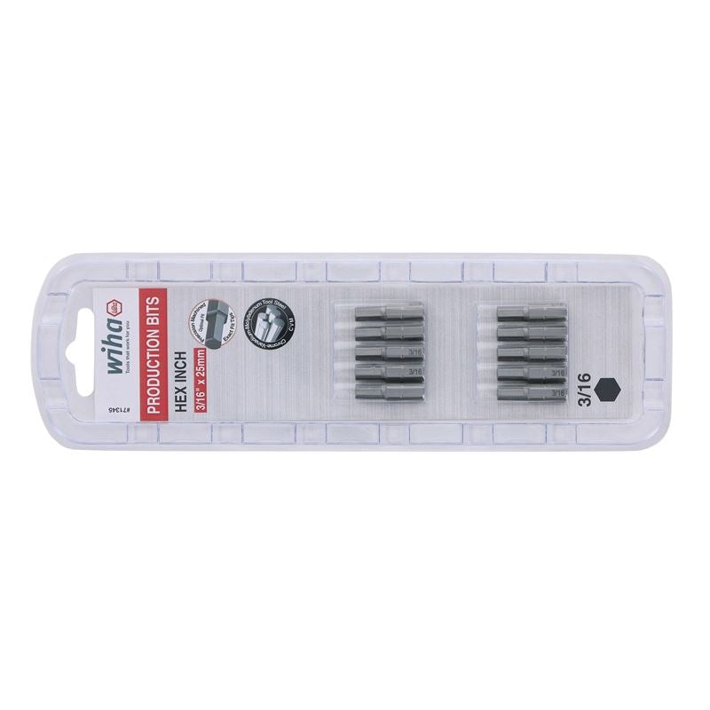 Wiha Hex Inch Insert Bit 3/16 x 25mm Pack of 10 Bits