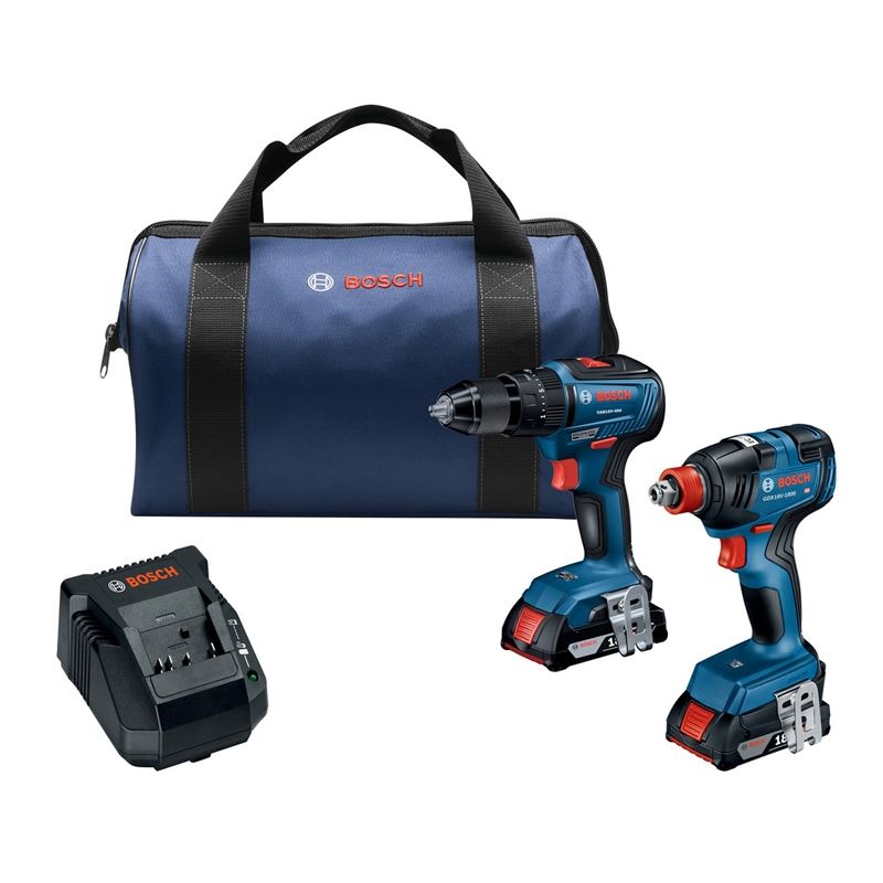 BOSCH GXL18V-240B22 18V 2-Tool Combo Kit with 1/2 In. Hammer Drill/Driver, Freak 1/4 In. and 1/2 In. Two-In-One Bit/Socket Impact Driver and (2) 2.0 Ah SlimPack Batteries