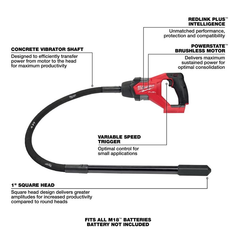 Milwaukee 2910-20 M18 FUEL 4ft Concrete Pencil Vibrator