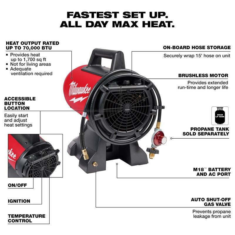 MILWAUKEE 0801-20C M18 70,000 BTU Forced Air Propane Heater