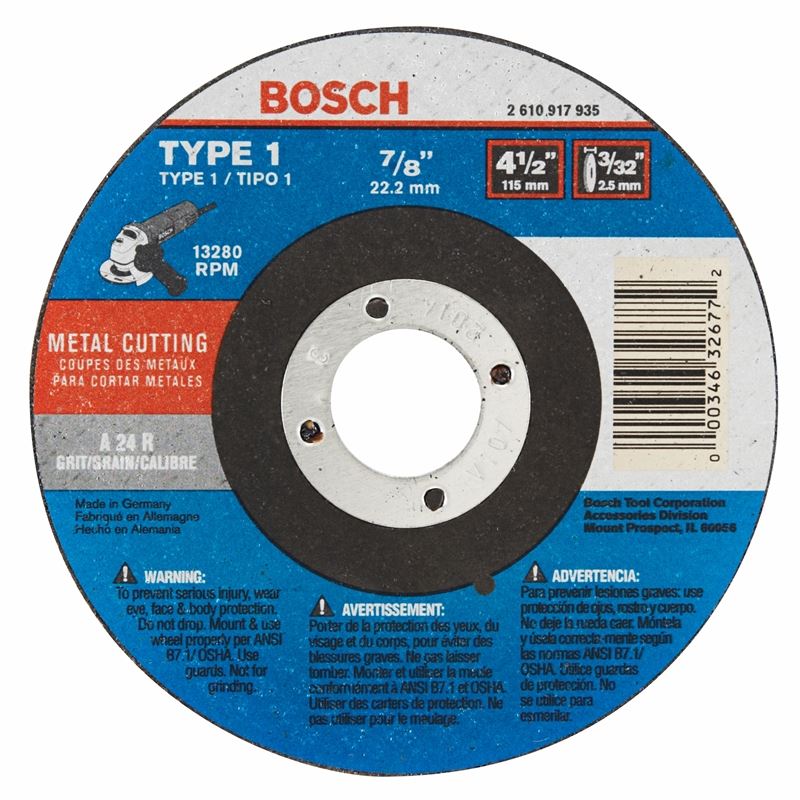 Bosch | CW1M450 4 - 1/2 In. 3/32 In. 7/8 In. Arbor Type 1A (ISO 41) 24 Grit Metal Cutting Abrasive Wheel - Mississauga Hardware Centre IncBOSCHCW1M450